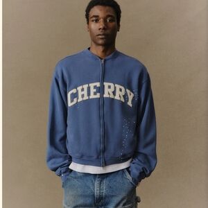 Cherry LA Blue Zip-Up Jacket with Cream Lettering
